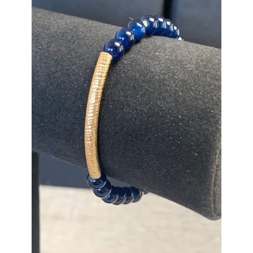 Blue Beaded Stretch Bracelet Gold Hammered Bar Navy Blue Jewelry 6.5 Inch